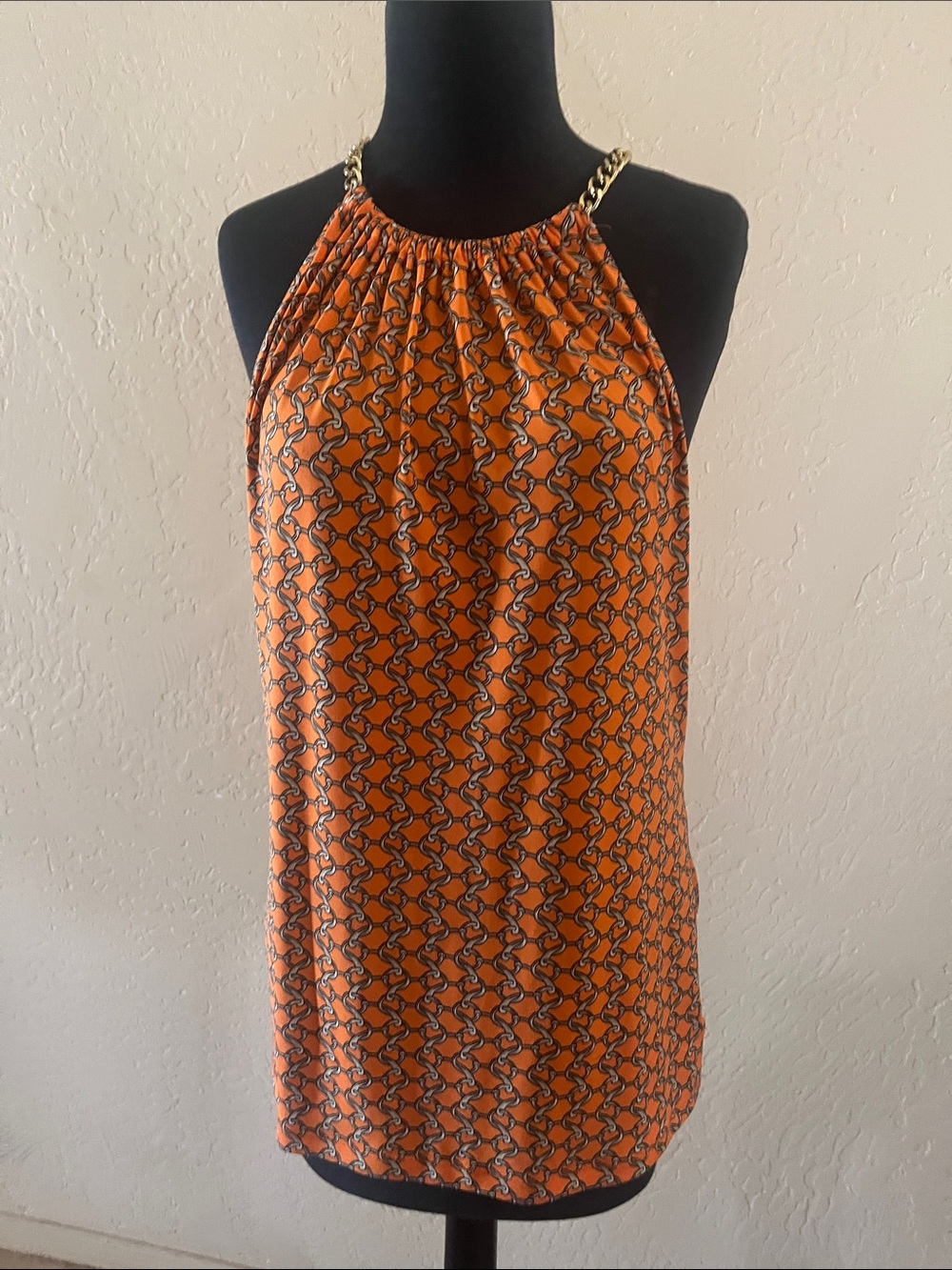 Orange Chain-Print Halter Top with Gold Chain Straps